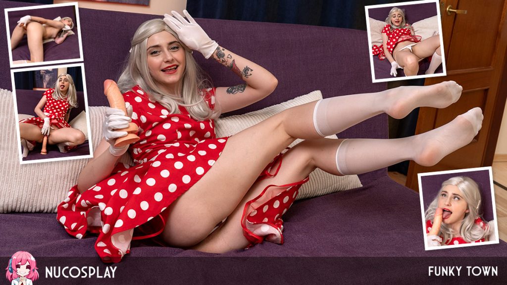 big 13 NuCosplay – Funky Town – Tiny Blonde Funky Town Stretches Out Her Meaty Cunt With A Dildo